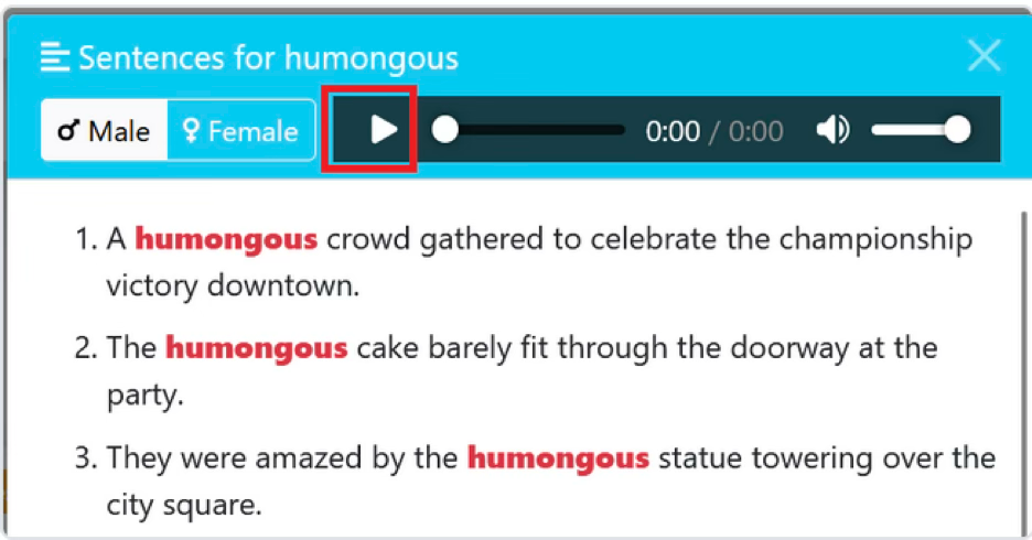 Sentences panel with audio player
