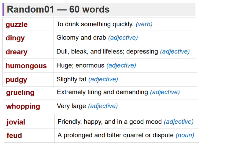 Printable word and definition table